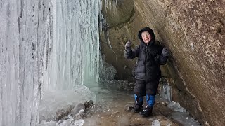 Winter Camping Under Frozen Waterfall in Survival Shelter Hot Tent  Winter Backpacking amp Hiking [upl. by Hillel583]